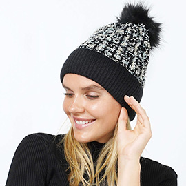 Tweed Look Pom Pom Knit Beanie Hat