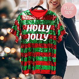 Plus Size HOLLY JOLLY Message Christmas Sequin Jersey Top