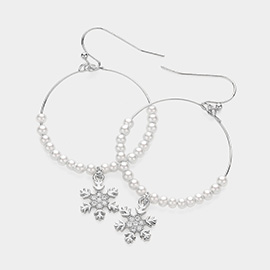 Pearl Beaded Stone Paved Snowflake Dangle Earrings