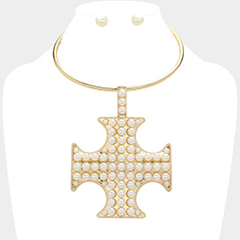 Pearl Paved Cross Pendant Pointed Statement Necklace