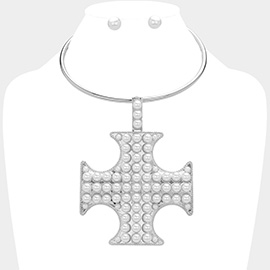 Pearl Paved Cross Pendant Pointed Statement Necklace