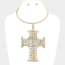 Stone Paved Oversized Cross Pendant Pointed Statement Necklace