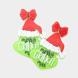 Glittered Resin Merry Grinch Mas Message Dangle Earrings