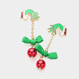 Enamel Grinch Hand Bow Bell Dropdown Earrings