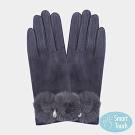 Pearl Pointed Fuzzy Bow Accented Smart Touch Gloves