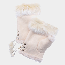 Two Toned Real Fur Trim Fingerless Gloves