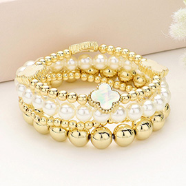 4PCS - Quatrefoil Pointed Metal Ball Pearl Beaded Stretch Multi Layered Bracelets