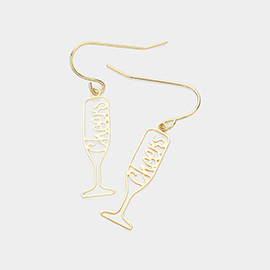 Brass Metal Cheers Message Champagne Glass Dangle Earrings