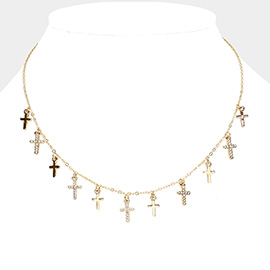 Stone Paved Cross Charm Station Necklace