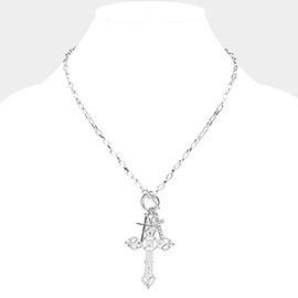 Stone Paved Cross Pendant Charm Necklace