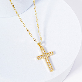 Gold Dipped CZ Stone Paved Cross Pendant Necklace