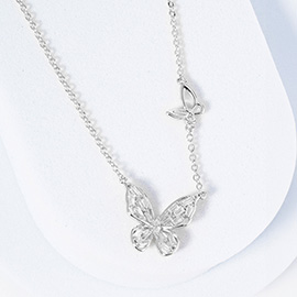 White Gold Dipped CZ Stone Paved Butterfly Pendant Necklace