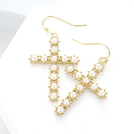 Gold Dipped Pearl Cross Dangle Earrings