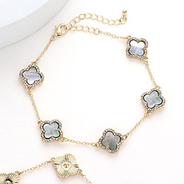 Brass Metal Mother Of Pearl Quatrefoil Station Bracelet