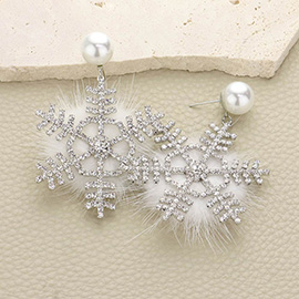 Pearl Pointed Stone Paved Snowflake Pom Pom Dangle Earrings