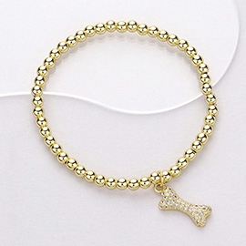 Stainless Steel CZ Stone Paved Dog Bone Charm Pointed Stretch Bracelet