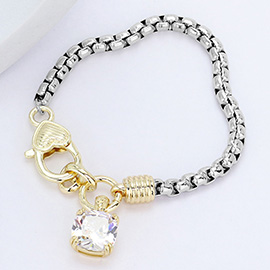 Cushion Cut CZ Stone Charm Pointed Two Tone Bracelet