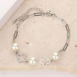 Pearl Pointed Open Quatrefoil Link Paperclip Chain Bracelet