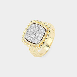 Two Tone CZ Stone Paved Square Ring