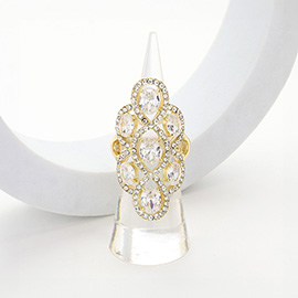 Gold Plated Oval CZ Stone Embellished Flower Stretch Ring