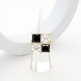 Gold Plated CZ and Black Square Stone Pointed Stretch Ring