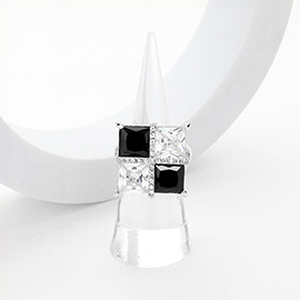 White Gold Plated CZ and Black Square Stone Pointed Stretch Ring