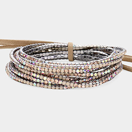 12PCS - Ribbon Colorful Rhinestone Layered Stretch Bracelets