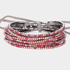 12PCS - Ribbon Colorful Rhinestone Layered Stretch Bracelets