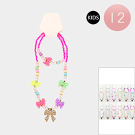 12PCS - Kids Stone Paved Bow Pendant Pointed Bow Beaded Stretch Necklace Bracelet Set