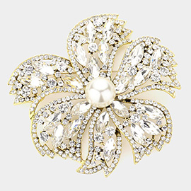 Pearl Pointed Stone Embellished Oversized Flower Pin Brooch