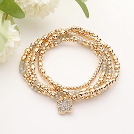 4PCS - Stone Paved Quatrefoil Pointed Metal Ball Beads Beaded Stretch Multi Layered Bracelets