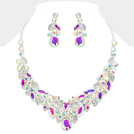 Teardrop Stone Cluster Pointed Marquise Stone Embellished Leaves Evening Necklace