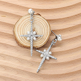 Pearl And Stone Paved Cross Dangle Earrings