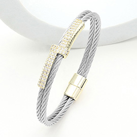 CZ Stone Paved Abstract Bar Pointed Two Tone Cable Magnetic Bracelet