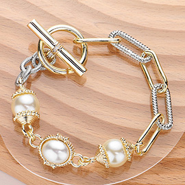 14K Gold Plated Pearl Link CZ Stone Paved Paper Clip Chain Toggle Bracelet