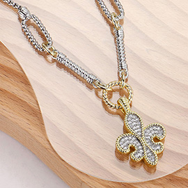 14K Gold Plated Two Tone CZ Stone Paved Fleur de Lis Pendant Necklace