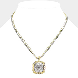 14K Gold Plated CZ Stone Paved Square Pendant Two Tone Double Layered Chain Necklace