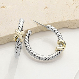 14K Gold Plated Two Tone Crisscross Pointed Hoop Earrings