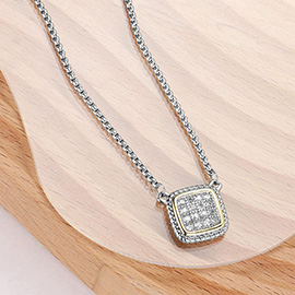 14K Gold Plated CZ Stone Paved Square Pendant Necklace