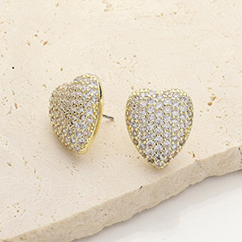 14K Gold Plated CZ Stone Paved Heart Stud Earrings