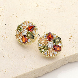 14K Gold Plated Marquise CZ Stone Embellished Round Stud Earrings