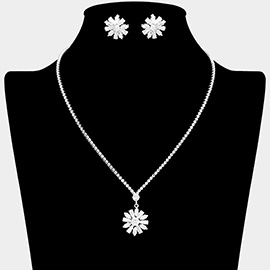 CZ Stone Embellished Flower Pendant Pointed Rhinestone Paved Necklace