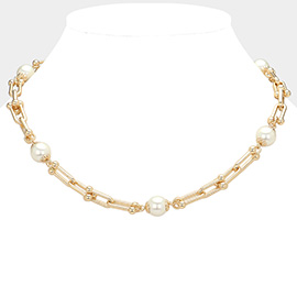 Pearl Pointed Hardware Link Chain Necklace