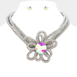 Round Stone Pointed Bling Studded Flower Pendant Necklace