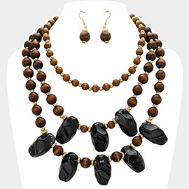 Natural Stone Wooden Ball Beaded Layered Statement Necklace