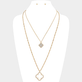 Stone Paved Double Quatrefoil Pendant Layered Necklace