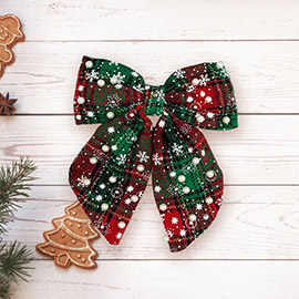 Pearl Embellished Snowflake Printed Checkered Christmas Bow Barrette