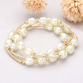 3PCS - Triple Freshwater Pearl Beaded Station Stretch Multi Layered Bracelets