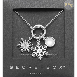 SECRET BOX_Sterling Silver Dipped Stone Paved Double Snowflake Pearl Pendant Necklace