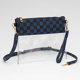 Faux Leather Checkered Printed Pointed Transparent Flap Crossbody Bag / Clutch